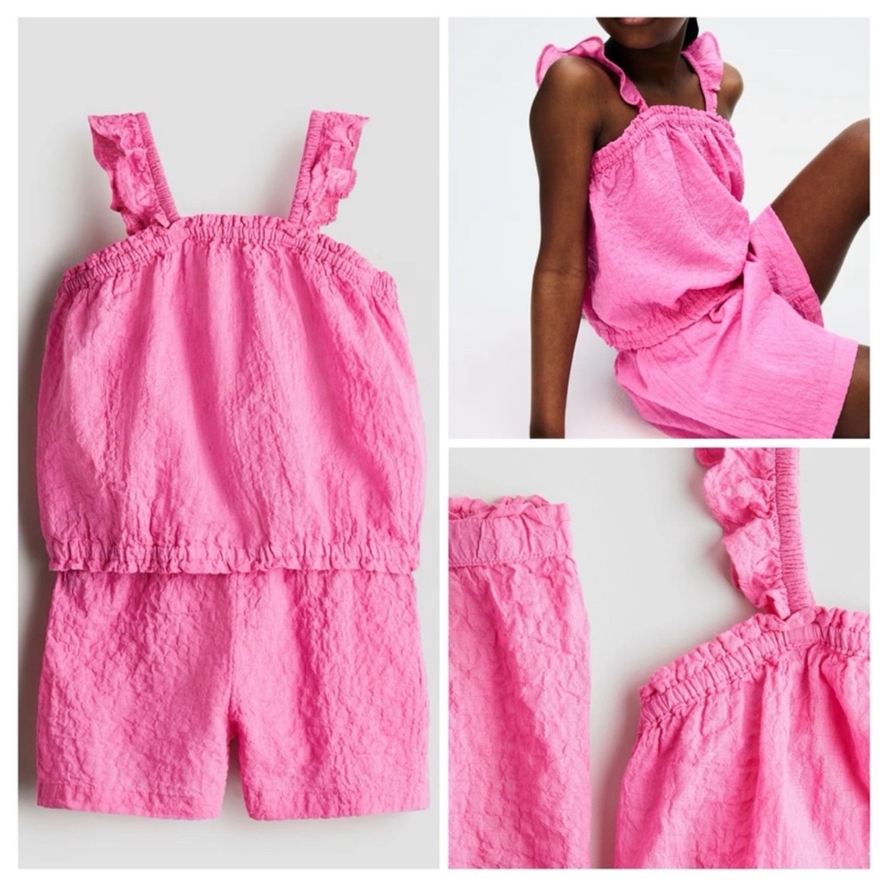 H&M girls two piece crinkle effect cotton set top + shorts